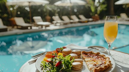 Sticker - A plate of food is set on a table next to a pool