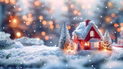 Wall Mural - christmas house in winter snowy forest. xmas banner and poster. snow-covered miniature house with wa