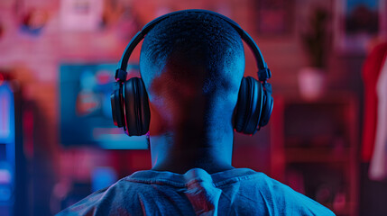 Wall Mural - deeply focused gamer with headphones plays video game, surrounded by gaming equipment and colorful l