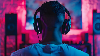 Wall Mural - focused gamer wearing sleek headphones intensely playing video game on computer screen in dim room.