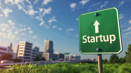 Aufkleber - Bright green road sign pointing towards the city with the word startup on a sunny day