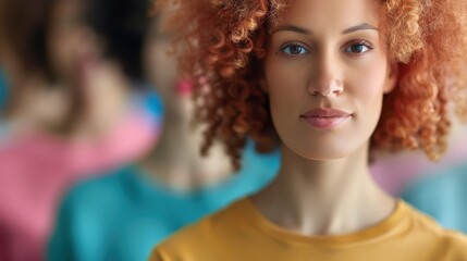 A close-up portrait of a young woman with vibrant curly red hair, standing out clearly with a soft focus background consisting of more people in various colors.