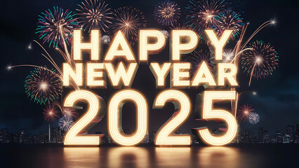 Wall Mural - happy new year 2025, new year wish, 2025 text, 2025 3d shiny text with fireworks, AI Generative	