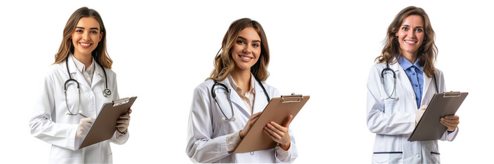 Set of Cheerful female physician with clipboard, wearing a white lab coat isolated on transparent background