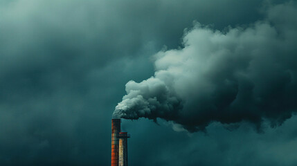 Industrial smoke emission from factory chimney against dramatic cloudy sky, representing air pollution and environmental impact.