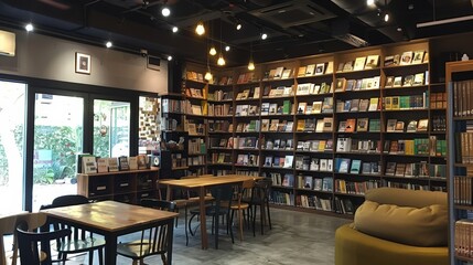 Poster - Envision a cozy cafe within a bookstore, where customers can enjoy a coffee while reading.