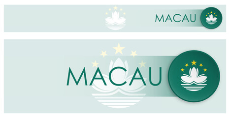 Wall Mural - Macau flag horizontal web banner in modern neomorphism style. Webpage Macau country header button for mobile application or internet site. Vector