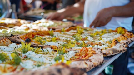 Wall Mural - Envision a lively summer festival in Verona. A vendor is serving pizza slices with seasonal toppings like zucchini blossoms