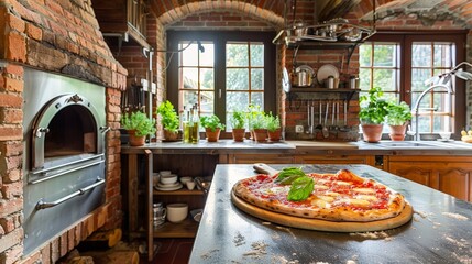 Wall Mural - A freshly baked pizza is being pulled out of the oven, with the charming, countryside enhancing the homely feel.