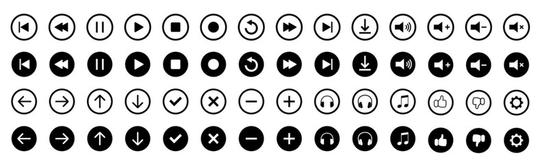Wall Mural - media player icons. player button icon. vector play, rewind, pause, stop buttons. audio wave icon. e
