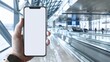 © MD Media - Mockup of a blank smartphone, mobile phone screen held in hand, airport scene background blank screen in a shopping mall setting, showcasing mobile apps or digital content in a retail environment