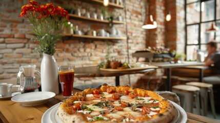 Wall Mural - A table is set with a freshly baked pizza, artisanal coffee, and a small vase of flowers, creating a chic and inviting atmosphere.