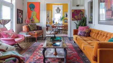 Poster - Envision a vibrant living room with eclectic decor, colorful artwork, and a mix of vintage and modern furniture.