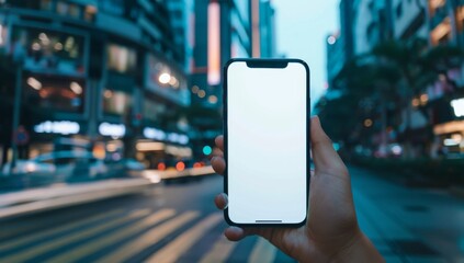 mockup of a blank smartphone, mobile phone screen held in hand, hand holding a blank smartphone in f