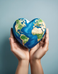 Wall Mural - The heart-shaped earth in the hands of a person, on a clean and clear background, conveys a message of global unity. concept of International Day of Peace.Background of the history of social networks