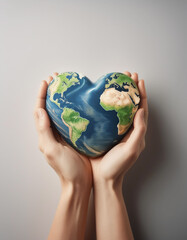 Wall Mural - The heart-shaped earth in the hands of a person, on a clean and clear background, conveys a message of global unity. concept of International Day of Peace.Background of the history of social networks