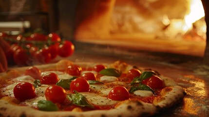 Canvas Print - A pizza margherita, with its perfect blend of fresh tomatoes, mozzarella, and basil, is being carefully sliced, releasing a mouth-watering aroma.