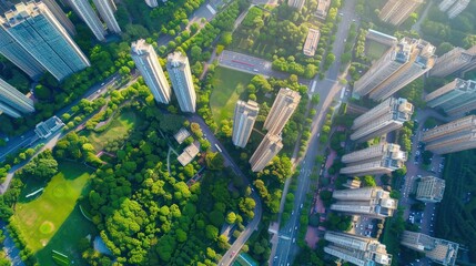 Wall Mural - Aerial view of a modern urban landscape with high-rise buildings and green spaces