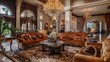 © peerawat - Imagine a glamorous living room with luxurious fabrics, elegant furniture, and sparkling chandeliers. The room exudes sophistication and style, with rich colors and opulent decor.