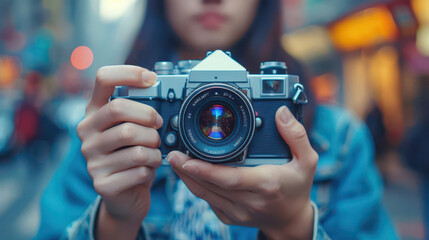 a woman holds a vintage camera in a vibrant urban setting, ready to capture moments with artistic fl