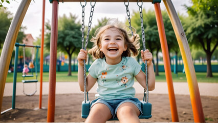 Happy small girl laughing on swings, sunny playground,  closeup shot. 