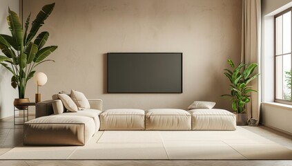 Wall Mural - Modern Living Room Interior Design with Beige Couch and Plants