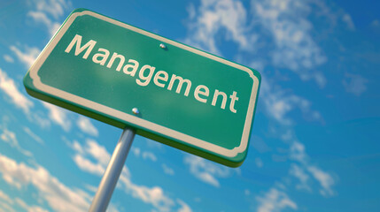 Aufkleber - Green road sign pointing to management under a blue sky with clouds