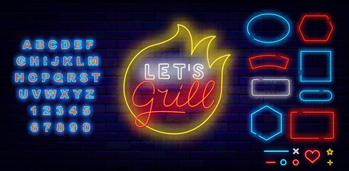 Wall Mural - Lets grill neon banner. Barbecue party with fire frame. Geometric frames collection. Grill event invitation. Catering greeting card. Glowing blue alphabet. Editable stroke. Vector stock illustration