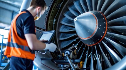 Technician inspecting jet engine at the aircraft hangar.