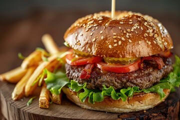 Wall Mural - A juicy hamburger served with fresh lettuce, ripe tomato, and crispy French fries