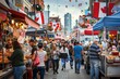 © Milos - A vibrant street festival filled with people enjoying various food stalls lined with festive decorations and flags, creating a cheerful and engaging atmosphere for all attendants.