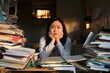 © Dackshina - Asian woman or student with burnout face with stress of school homework disorganized books and documents