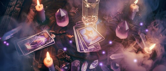 atmospheric mystical background with tarot cards, various elements of esotericism, magic, and witchc