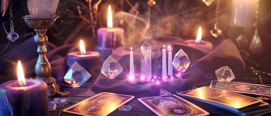 atmospheric mystical background with tarot cards, various elements of esotericism, magic, and witchcraft