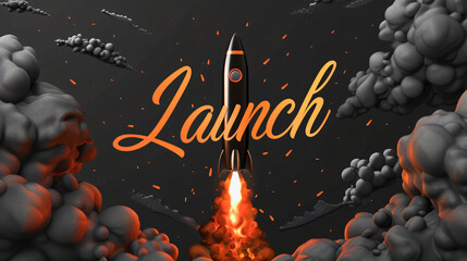 Aufkleber - Black rocket launching through abstract smoke with the word launch in orange letters, conveying the concept of new business launch