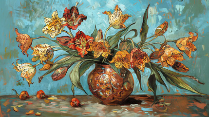 painting of a vase with flowers on a table with a blue background