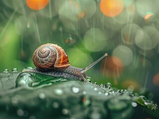 Wall Mural - Close-up of a snail on a leaf with water droplets in a vibrant and rainy natural setting.