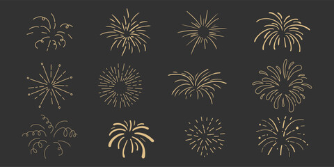 Wall Mural - Set gold fireworks, firecrackers golden burst, rays festive doodle sparkle lights isolated on dark background.Celebration, Party Icon, Anniversary, New Year Eve, independence