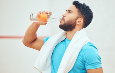 Canvas Print - Bottle, athlete and man in court, water and hydration for playing in sports, training and practice. Fitness, sportsman and liquid for tournament, squash player and drink for routine for exercise