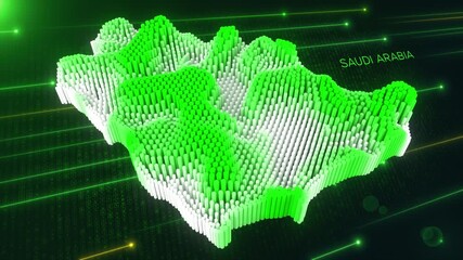 Wall Mural - digital motion 3d perspective dynamic rippling map of saudi arabia in green and white, set against d