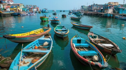 Harbor filled with fishing boats, ideal for maritime and coastal transport themes.