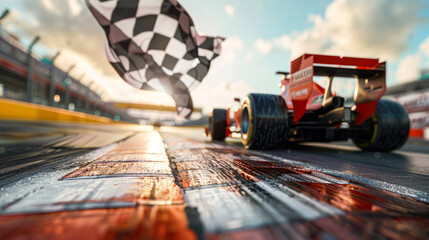 F1 racing car crossing the finish line under checkered flag at sunny day. Racing car on track crossing the finish during F1 gran prix. Formula 1 winner in red car celebrating victory.