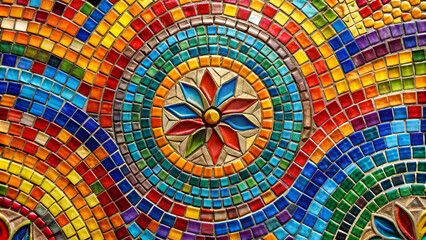 Wall Mural - Vibrant mosaic artwork featuring contrasting colors and asymmetrica texture wall Striking mosaic display with intricate patterns, representing historical and artistic craftsmanship background 