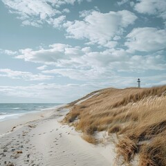 Poster - Picturesque Coastal Landscape with Sand Dunes and Lone Lighthouse on the Horizon