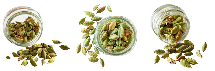 Wall Mural - Set of A small glass jar filled with green cardamom pods isolated on transparent background   (3)