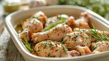 Wall Mural - A white dish with chicken and herbs. The chicken is cut into pieces and is surrounded by herbs