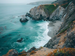 Wall Mural - Dramatic Coastal Cliffs Overlooking a Secluded Beach with Crashing Waves and Azure Ocean