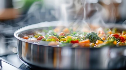 Wall Mural - A pot of colorful mixed vegetable soup with ingredients like broccoli and tomatoes gently simmering, emitting steam, representing a fresh, healthy, and appetizing dish.