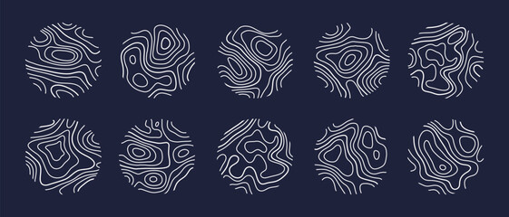Circular wood rings or topographic map lines texture set. Wood tree topographic abstract lines collection flat style design vector illustration contour isolated pattern design.