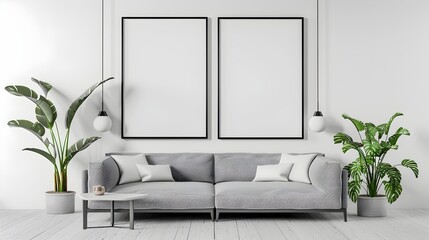 Minimalistic living room with Two poster mockup, modern room blank painting on wall